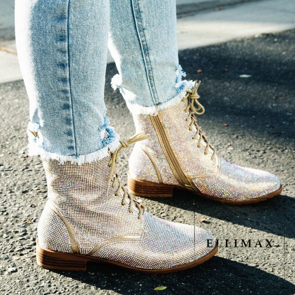 Shoes - NEW🔥 Champagne Diamante Rhinestone Lace Up Combat Military Ankle Booties Boots